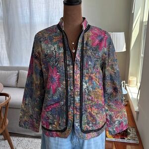 90s Vintage Life Style Metallic Cotton Floral Jacket Artsy Boho 70s Style Small
